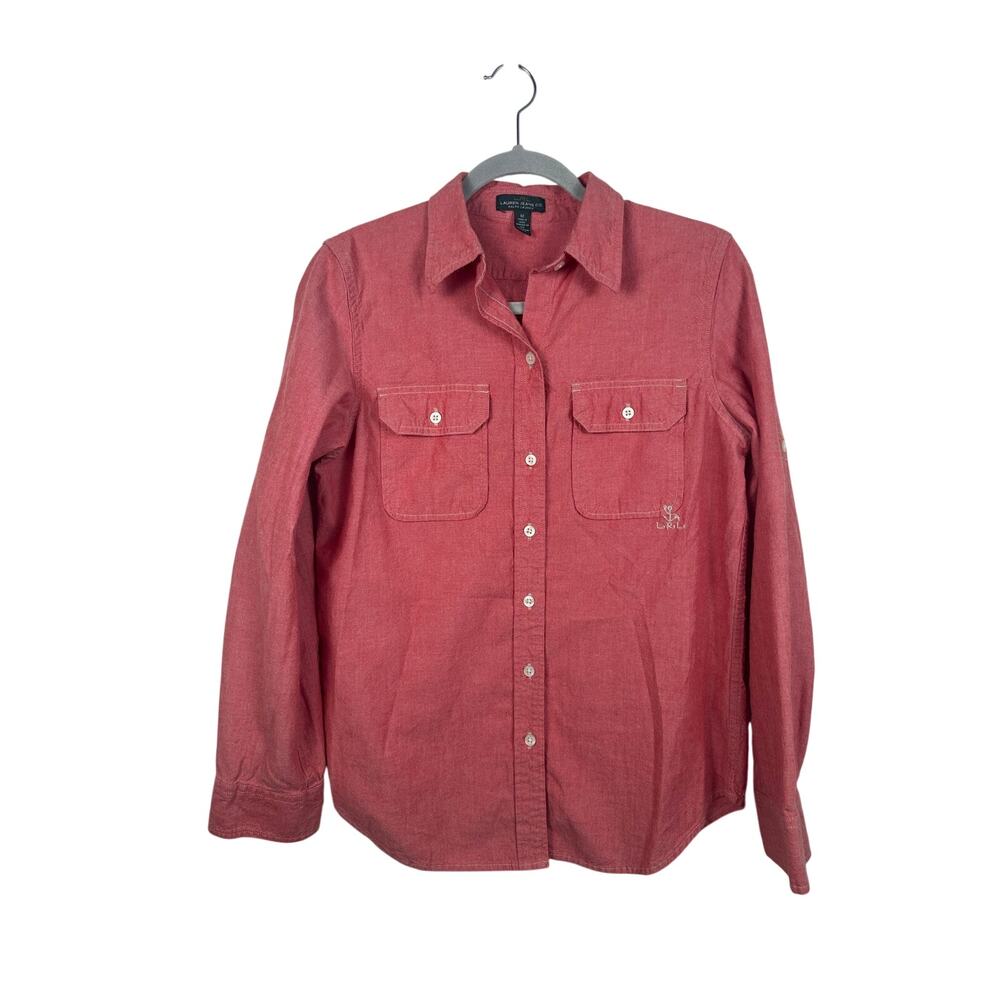 LRL Ralph Lauren Jeans‎ Co Shirt Women M Red Embroidered Logo Button Long Sleeve